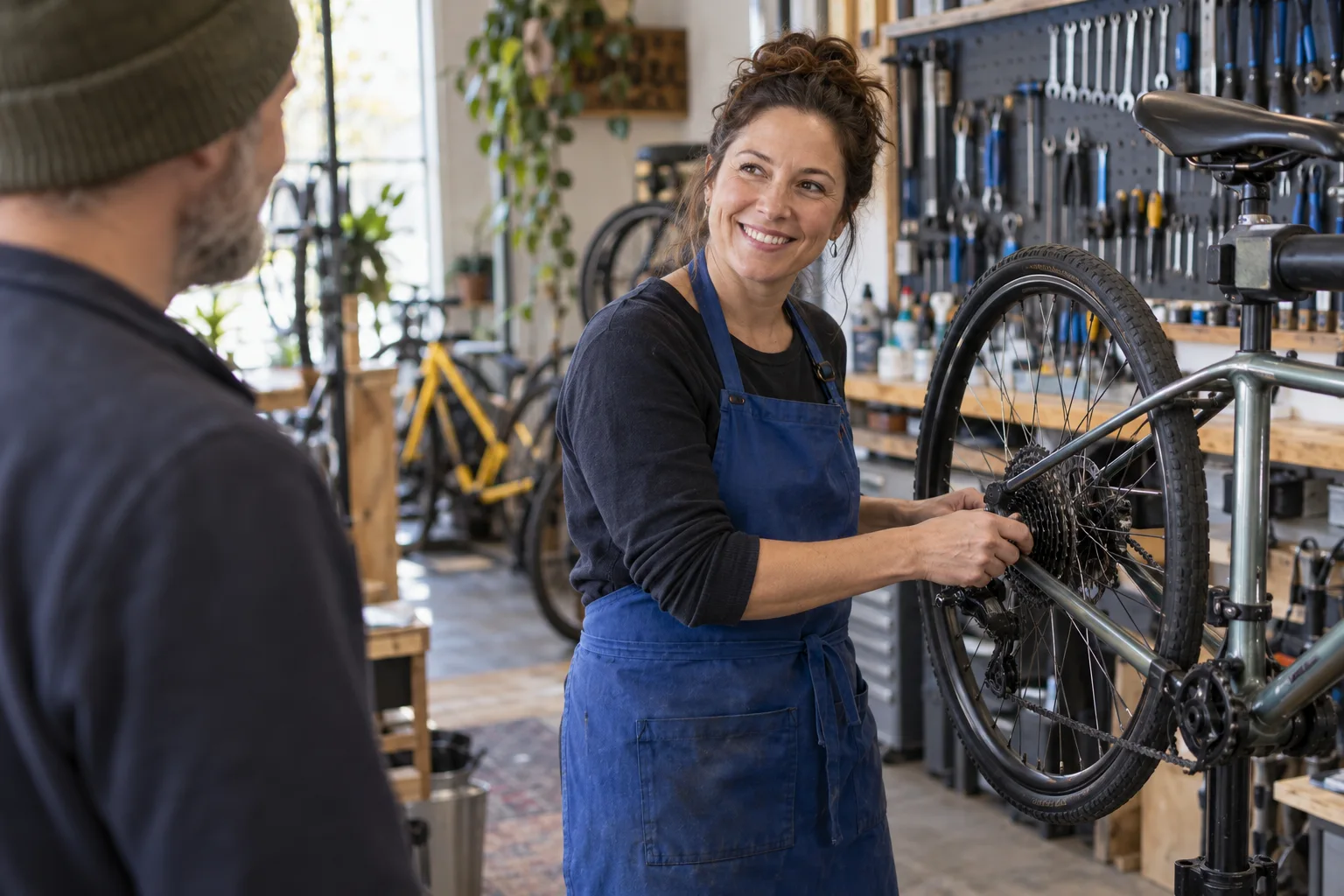 A bicycle workshop owner helping a customer while working on a repair